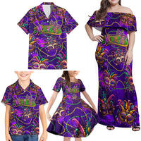 Mardi Gras Family Matching Off Shoulder Maxi Dress and Hawaiian Shirt Mask Glitter Art