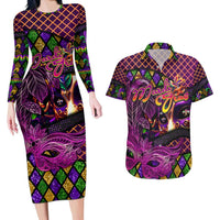 Happy Mardi Gras Couples Matching Long Sleeve Bodycon Dress and Hawaiian Shirt Mask Feather Colorfull