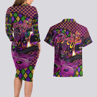 Happy Mardi Gras Couples Matching Long Sleeve Bodycon Dress and Hawaiian Shirt Mask Feather Colorfull