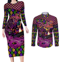 Happy Mardi Gras Couples Matching Long Sleeve Bodycon Dress and Long Sleeve Button Shirt Mask Feather Colorfull