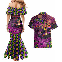 Happy Mardi Gras Couples Matching Mermaid Dress and Hawaiian Shirt Mask Feather Colorfull