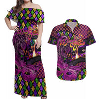 Happy Mardi Gras Couples Matching Off Shoulder Maxi Dress and Hawaiian Shirt Mask Feather Colorfull