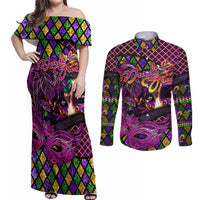 Happy Mardi Gras Couples Matching Off Shoulder Maxi Dress and Long Sleeve Button Shirt Mask Feather Colorfull