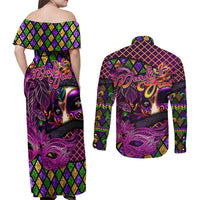 Happy Mardi Gras Couples Matching Off Shoulder Maxi Dress and Long Sleeve Button Shirt Mask Feather Colorfull