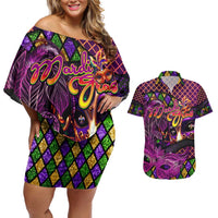 Happy Mardi Gras Couples Matching Off Shoulder Short Dress and Hawaiian Shirt Mask Feather Colorfull