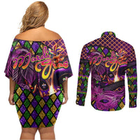 Happy Mardi Gras Couples Matching Off Shoulder Short Dress and Long Sleeve Button Shirt Mask Feather Colorfull