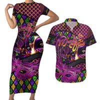 Happy Mardi Gras Couples Matching Short Sleeve Bodycon Dress and Hawaiian Shirt Mask Feather Colorfull