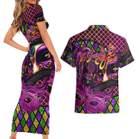 Happy Mardi Gras Couples Matching Short Sleeve Bodycon Dress and Hawaiian Shirt Mask Feather Colorfull