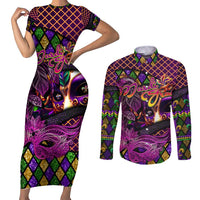 Happy Mardi Gras Couples Matching Short Sleeve Bodycon Dress and Long Sleeve Button Shirt Mask Feather Colorfull