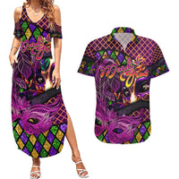 Happy Mardi Gras Couples Matching Summer Maxi Dress and Hawaiian Shirt Mask Feather Colorfull
