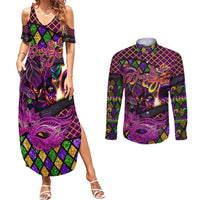 Happy Mardi Gras Couples Matching Summer Maxi Dress and Long Sleeve Button Shirt Mask Feather Colorfull