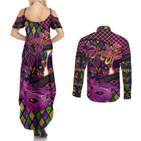Happy Mardi Gras Couples Matching Summer Maxi Dress and Long Sleeve Button Shirt Mask Feather Colorfull