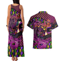 Happy Mardi Gras Couples Matching Tank Maxi Dress and Hawaiian Shirt Mask Feather Colorfull