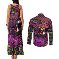 Happy Mardi Gras Couples Matching Tank Maxi Dress and Long Sleeve Button Shirt Mask Feather Colorfull