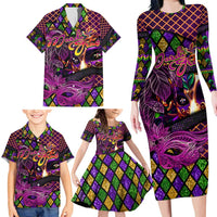 Happy Mardi Gras Family Matching Long Sleeve Bodycon Dress and Hawaiian Shirt Mask Feather Colorfull