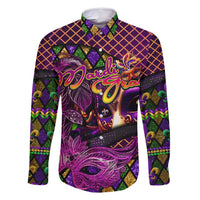 Happy Mardi Gras Family Matching Long Sleeve Bodycon Dress and Hawaiian Shirt Mask Feather Colorfull