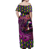 Happy Mardi Gras Family Matching Off Shoulder Maxi Dress and Hawaiian Shirt Mask Feather Colorfull