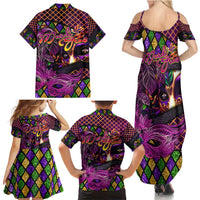Happy Mardi Gras Family Matching Summer Maxi Dress and Hawaiian Shirt Mask Feather Colorfull - Wonder Print Shop