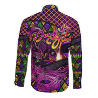 Happy Mardi Gras Long Sleeve Button Shirt Mask Feather Colorfull