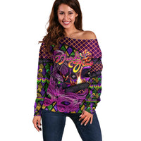 Happy Mardi Gras Off Shoulder Sweater Mask Feather Colorfull - Wonder Print Shop