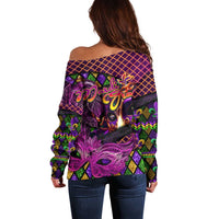 Happy Mardi Gras Off Shoulder Sweater Mask Feather Colorfull - Wonder Print Shop