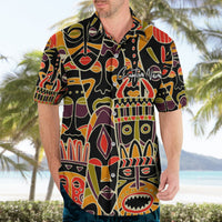 Adult personalized black Hawaiian shirt with colorful tribal mask print and name text