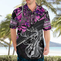 Purple and black Hawaiian shirt with large animal portrait graphic, short sleeves, button-front