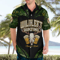 Men's Hawaiian button-up shirt, black-green jungle print with deer skull and beer mugs