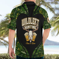 Men's Hawaiian button-up shirt back, black-green jungle print with deer skull and beer mugs