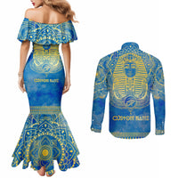 Personalized Mandala Egyptian Pharaoh Couples Matching Mermaid Dress and Long Sleeve Button Shirt Eye of Horus Blue