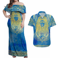 Personalized Mandala Egyptian Pharaoh Couples Matching Off Shoulder Maxi Dress and Hawaiian Shirt Eye of Horus Blue - Wonder Print Shop