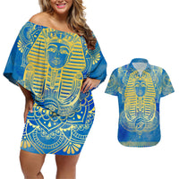 Personalized Mandala Egyptian Pharaoh Couples Matching Off Shoulder Short Dress and Hawaiian Shirt Eye of Horus Blue - Wonder Print Shop