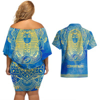 Personalized Mandala Egyptian Pharaoh Couples Matching Off Shoulder Short Dress and Hawaiian Shirt Eye of Horus Blue - Wonder Print Shop