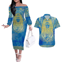 Personalized Mandala Egyptian Pharaoh Couples Matching Off The Shoulder Long Sleeve Dress and Hawaiian Shirt Eye of Horus Blue - Wonder Print Shop