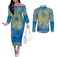 Personalized Mandala Egyptian Pharaoh Couples Matching Off The Shoulder Long Sleeve Dress and Long Sleeve Button Shirt Eye of Horus Blue