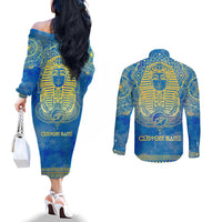 Personalized Mandala Egyptian Pharaoh Couples Matching Off The Shoulder Long Sleeve Dress and Long Sleeve Button Shirt Eye of Horus Blue