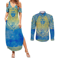 Personalized Mandala Egyptian Pharaoh Couples Matching Summer Maxi Dress and Long Sleeve Button Shirt Eye of Horus Blue - Wonder Print Shop