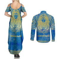 Personalized Mandala Egyptian Pharaoh Couples Matching Summer Maxi Dress and Long Sleeve Button Shirt Eye of Horus Blue - Wonder Print Shop