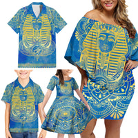 Personalized Mandala Egyptian Pharaoh Family Matching Off Shoulder Short Dress and Hawaiian Shirt Eye of Horus Blue - Wonder Print Shop