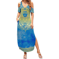 Personalized Mandala Egyptian Pharaoh Family Matching Summer Maxi Dress and Hawaiian Shirt Eye of Horus Blue - Wonder Print Shop