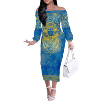 Personalized Mandala Egyptian Pharaoh Off The Shoulder Long Sleeve Dress Eye of Horus Blue - Wonder Print Shop