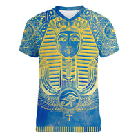 Personalized Mandala Egyptian Pharaoh Women V Neck T Shirt Eye of Horus Blue - Wonder Print Shop