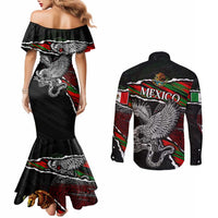 Eagle Snake Mexico Couples Matching Mermaid Dress and Long Sleeve Button Shirt Aztec Sun Stone