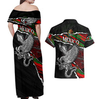 Eagle Snake Mexico Couples Matching Off Shoulder Maxi Dress and Hawaiian Shirt Aztec Sun Stone