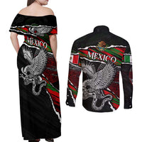 Eagle Snake Mexico Couples Matching Off Shoulder Maxi Dress and Long Sleeve Button Shirt Aztec Sun Stone