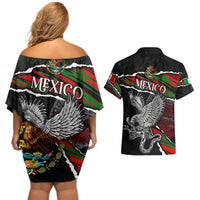 Eagle Snake Mexico Couples Matching Off Shoulder Short Dress and Hawaiian Shirt Aztec Sun Stone