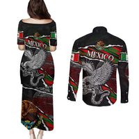 Eagle Snake Mexico Couples Matching Puletasi and Long Sleeve Button Shirt Aztec Sun Stone