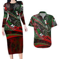 Mexico Aztec Eagle Flag Couples Matching Long Sleeve Bodycon Dress and Hawaiian Shirt Tribal Warrior Art