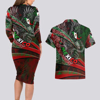 Mexico Aztec Eagle Flag Couples Matching Long Sleeve Bodycon Dress and Hawaiian Shirt Tribal Warrior Art