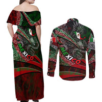 Mexico Aztec Eagle Flag Couples Matching Off Shoulder Maxi Dress and Long Sleeve Button Shirt Tribal Warrior Art